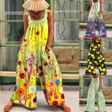 Women Sleeveless Daisy Printed Wide Leg Blouson Cover-Up Jumpsuit