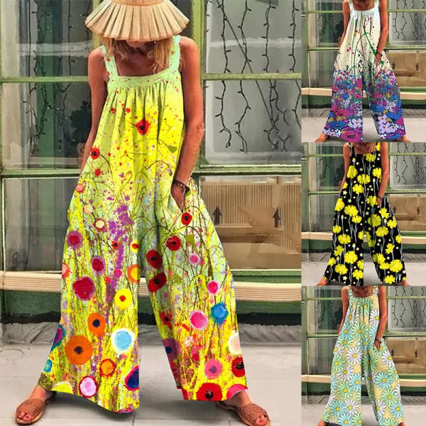 Women Sleeveless Daisy Printed Wide Leg Blouson Cover-Up Jumpsuit