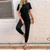 Women Short Sleeve Button Front Smocked Waist Jumpsuit