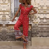 Women Flying Sleeve V-Neck Bohemia Mixed Print Fashion Jumpsuit