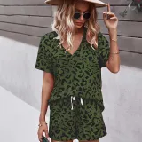 Women Short Sleeve Collared Leopard Print Drawstring Short Jumpsuit