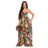 Women Off The Shoulder Strapless Tie Dye Striped Wide Leg Jumpsuit