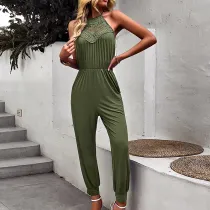 Women Green Mock-Neck Sleeveless Smocked Waist Casual Jumpsuit