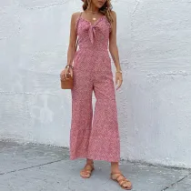 Women Sling Sleeveless Polka Dot Bow Tie Sweetheart Wide Leg Jumpsuit