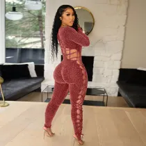Women Round Neck Long Sleeve Hollow Out Strappy Bodycon Jumpsuit
