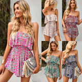 Women Strapless Floral Printed Lounge Casual Short Mini Jumpsuit