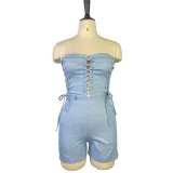 Women Strapless Denim Jeans Strappy Lace Up Mini Short Jumpsuit