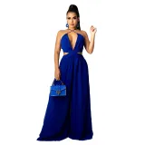 Women Halter Sleeveless Backless Cut Out Waist Wide Leg Jumpsuit
