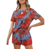 Women Short Sleeve Round-Neck Drawstring Cotton Home Romper
