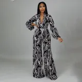 Women Long Sleeve Plunging Neckline Black Loose Wide Leg Jumpsuit
