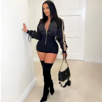 Women Long Sleeve Leather Zipper Coat Short Romper Jumpsuit