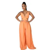 Women Halter Sleeveless Backless Cut Out Waist Wide Leg Jumpsuit