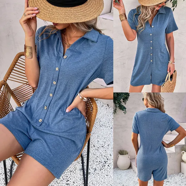 Women Short Sleeve Neckline Button Front Short Jumpsuit
