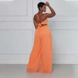 Women Halter Sleeveless Backless Cut Out Waist Wide Leg Jumpsuit