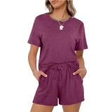 Women Short Sleeve Round-Neck Drawstring Cotton Home Romper