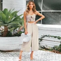 Women Sling Sleeveless Smocked Top Wide Leg Casual Jumpsuit