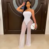Women Strapless High Waist Mesh Perspective Pants Sexy Jumpsuit