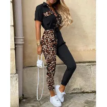 Women Short Sleeve Leopard Print Button Front V-Neck Jumpsuit
