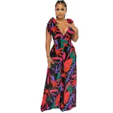 Women Sleeveless Plunging Neckline Palm Print Wide Leg Loose Jumpsuit