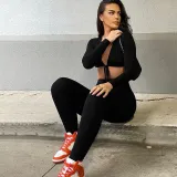 Women Long Sleeve Plunging Neckline Bodycon Jogging Jumpsuit