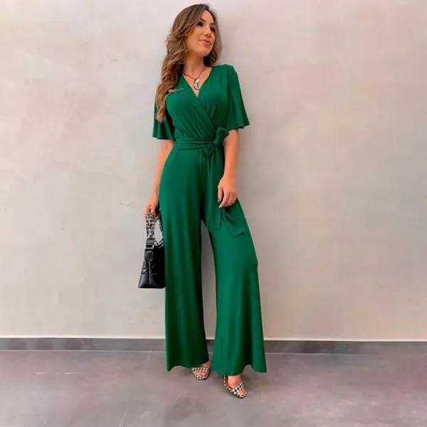 Women Short Sleeve Surplice High Waist Wide Leg Jumpsuit