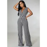 Women Wedgie Sleeveless Houndstooth Plunging Necklin Casual Jumpsuit