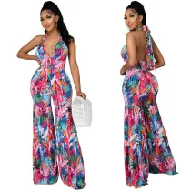 Women Convertible Smocked Waist Floral Printed Wide Leg Jumpsuit