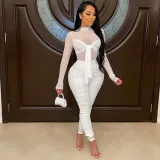 Women Mesh Tops Long Sleeve Mock-Neck Front Neight Out Party Jumpsuit