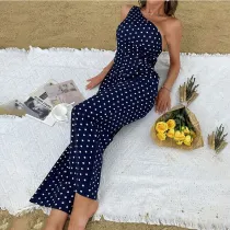 Women One-Shoulder Polka Dots High Waits Jumpsuit