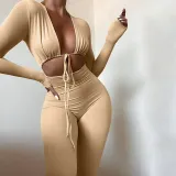 Women Long Sleeve Plunging Neckline Bodycon Jogging Jumpsuit