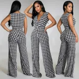 Women Wedgie Sleeveless Houndstooth Plunging Necklin Casual Jumpsuit