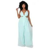 Women Halter Sleeveless Backless Cut Out Waist Wide Leg Jumpsuit