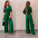 Women Short Sleeve Surplice High Waist Wide Leg Jumpsuit