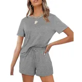 Women Short Sleeve Round-Neck Drawstring Cotton Home Romper