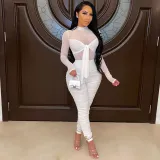 Women Mesh Tops Long Sleeve Mock-Neck Front Neight Out Party Jumpsuit
