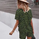 Women Short Sleeve Collared Leopard Print Drawstring Short Jumpsuit