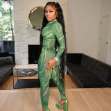 Women Long Sleeve Printed V-Neck Bodycon Jumpsuit