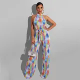 Women Halter Color Stitching Tie Dye High Waist Wide Leg Jumpsuit