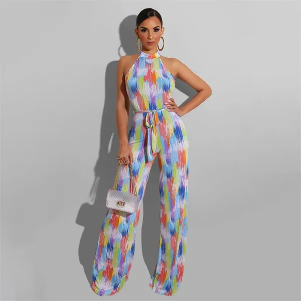 Women Halter Color Stitching Tie Dye High Waist Wide Leg Jumpsuit