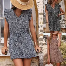 Women Flying Sleeve Surplice Polka Dots Mini Jumpsuit