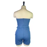 Women Strapless Denim Jeans Strappy Lace Up Mini Short Jumpsuit