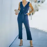 Women Wedgie Sleeveless V-Neck Button Front Belt Casual Jumpsuit
