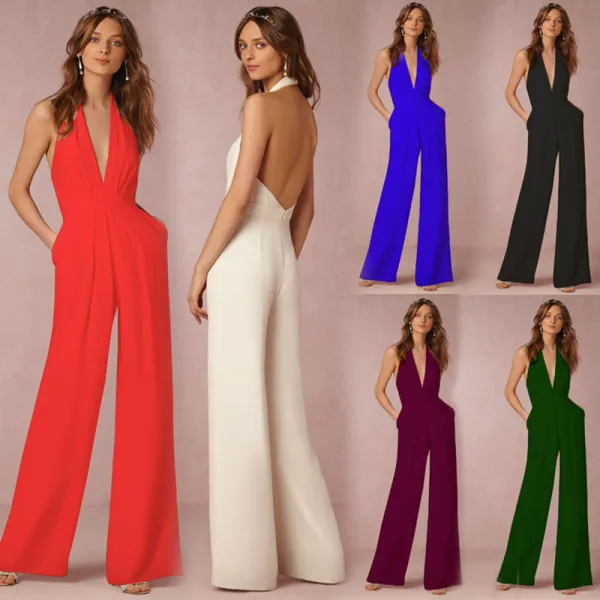 Women Plunging Neckline Halter Open Back Wide Leg Jumpsuit