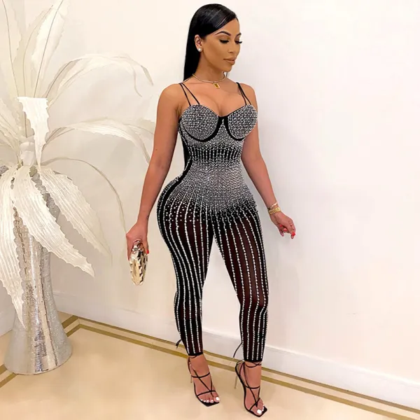 Women Mock-Neck Rhinestones Mesh Sequin Perspective Bodycon Jumpsuit