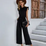 Women Smocked High-Neck Sleeveless Tie Waist Wide Leg Jumpsuit