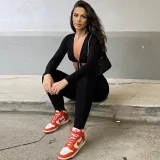 Women Long Sleeve Plunging Neckline Bodycon Jogging Jumpsuit