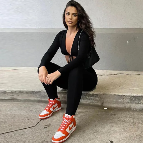 Women Long Sleeve Plunging Neckline Bodycon Jogging Jumpsuit