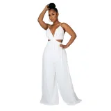 Women Halter Sleeveless Backless Cut Out Waist Wide Leg Jumpsuit