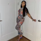 Women Sleeveless Mock-Neck Tank Mixed Print Bodycon Jumpsuit