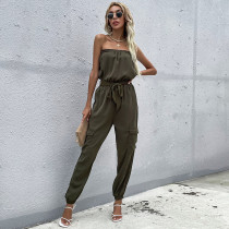 Women Off The Should Strapless Smocked Waist Cuffed Pant Jumpsuit